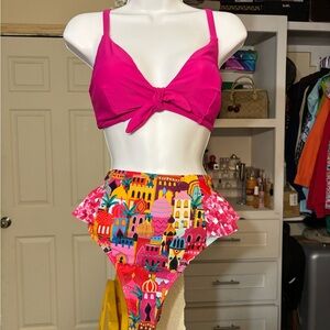 Vibrant Pink Bikini Top with Colorful High-Waisted Bottoms